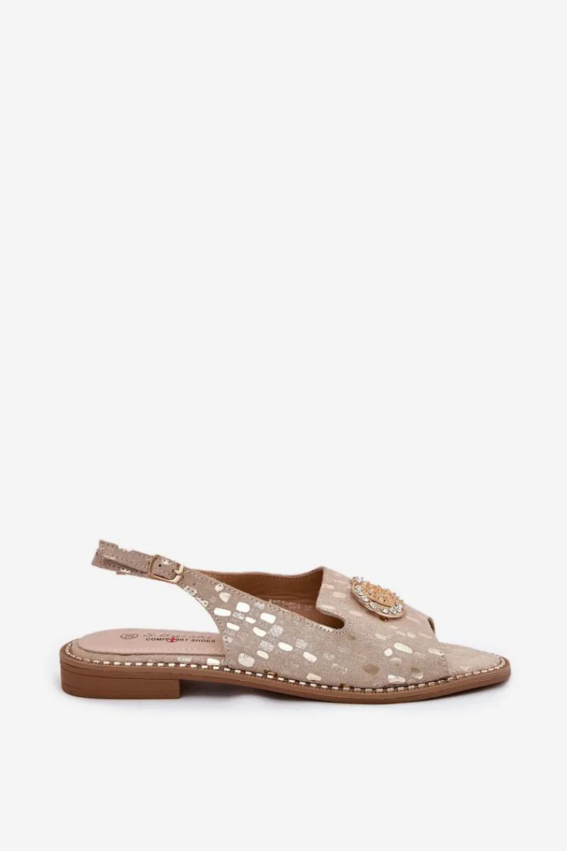 Best Damskie buty S.Barski Skórzane Sandały Z Ozdobą Na Płaskim Obcasie S.Barski KV51-096 Złote Złoty