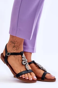 Damskie buty S.Barski Skórzane Sandały Z Ozdobnym Wężem S.Barski KV-5541-42 Czarne Czarny