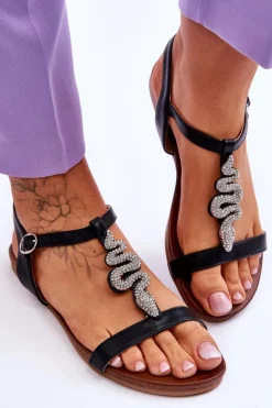 Damskie buty S.Barski Skórzane Sandały Z Ozdobnym Wężem S.Barski KV-5541-42 Czarne Czarny