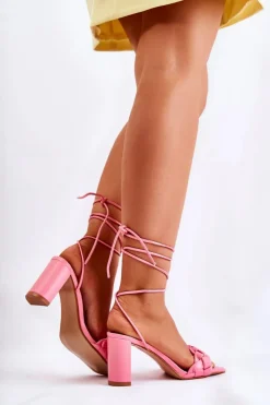 Hot Skórzane Sandały Z Ozdobnym Warkoczem Różowe Sheyla Damskie Sandały Na Obcasie