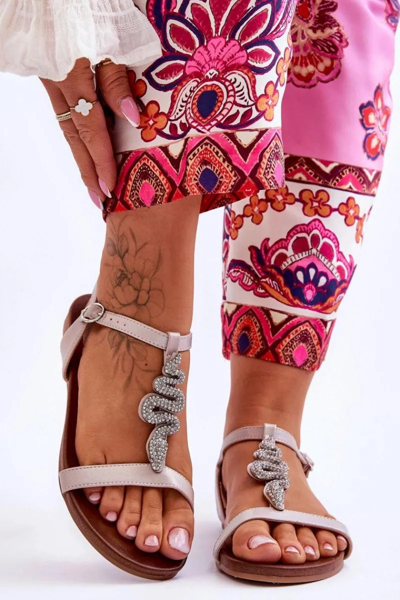 Discount Skórzane Sandały Z Ozdobnym Wężem S.Barski KV-5541-42 Beżowe Damskie Sandały Płaskie