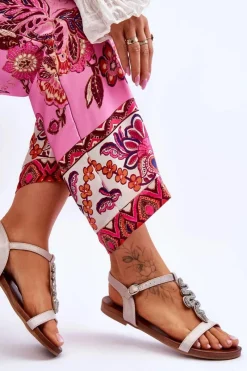 Discount Skórzane Sandały Z Ozdobnym Wężem S.Barski KV-5541-42 Beżowe Damskie Sandały Płaskie