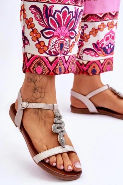 Discount Skórzane Sandały Z Ozdobnym Wężem S.Barski KV-5541-42 Beżowe Damskie Sandały Płaskie