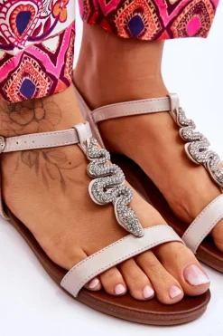 Discount Skórzane Sandały Z Ozdobnym Wężem S.Barski KV-5541-42 Beżowe Damskie Sandały Płaskie