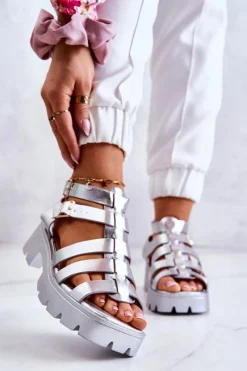 Clearance Boto Skórzane Sandały Z Paseczkami Srebrne Minorite