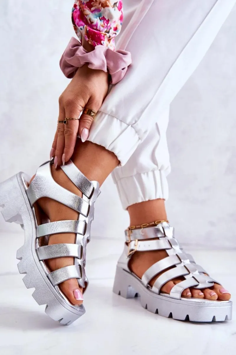 Clearance Boto Skórzane Sandały Z Paseczkami Srebrne Minorite