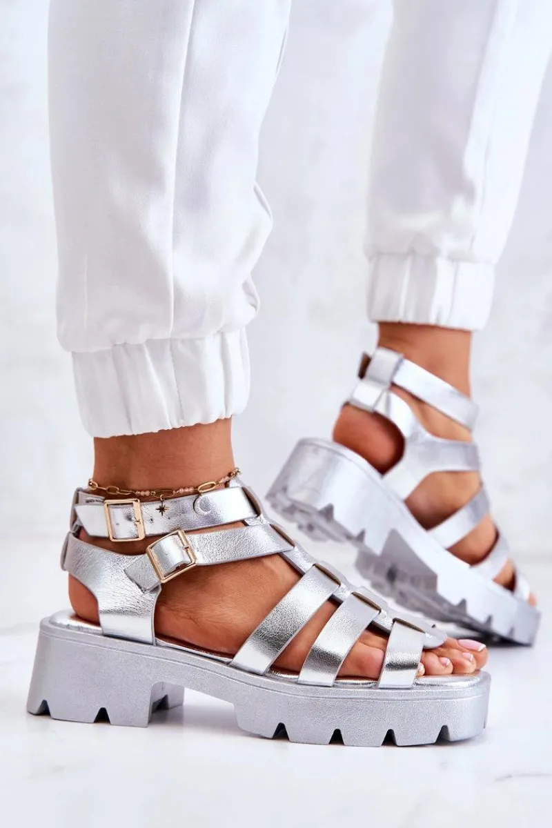 Clearance Boto Skórzane Sandały Z Paseczkami Srebrne Minorite