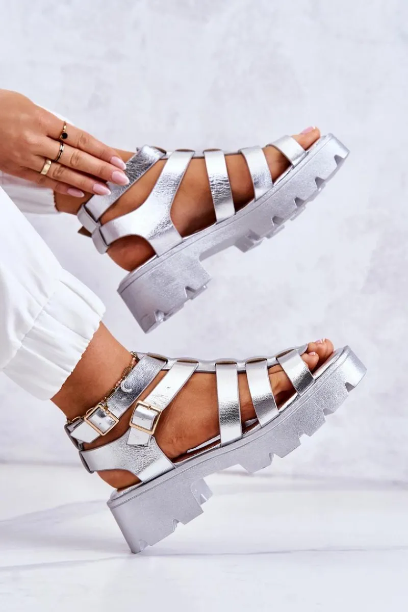 Clearance Boto Skórzane Sandały Z Paseczkami Srebrne Minorite