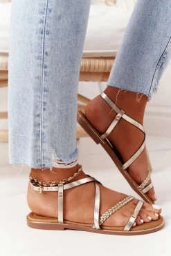 Hot Damskie buty S.Barski Skórzane Sandały Z Warkoczem S.Barski 152-1 Złote