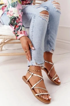 Hot Damskie buty S.Barski Skórzane Sandały Z Warkoczem S.Barski 152-1 Złote