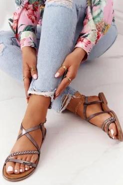 Sandały Płaskie>Damskie buty S.Barski Skórzane Sandały Z Warkoczem S.Barski 152-1 Miedziane