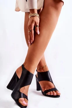 Clearance Skórzane Sandały Z Wycięciem Czarne Maronni Damskie Sandały Na Obcasie