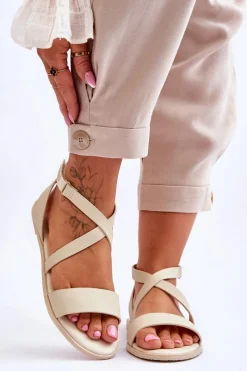 Discount Skórzane Sandały Za Kostkę Big Star LL274A161 Beżowe Damskie Sandały Big Star|Sandały Płaskie