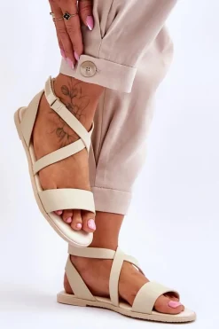 Discount Skórzane Sandały Za Kostkę Big Star LL274A161 Beżowe Damskie Sandały Big Star|Sandały Płaskie