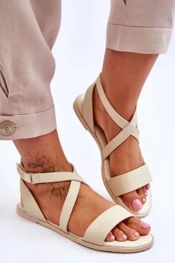 Discount Skórzane Sandały Za Kostkę Big Star LL274A161 Beżowe Damskie Sandały Big Star|Sandały Płaskie