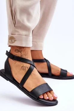 Outlet Skórzane Sandały Za Kostkę Big Star LL274A162 Czarne Damskie Sandały Big Star|Sandały Płaskie