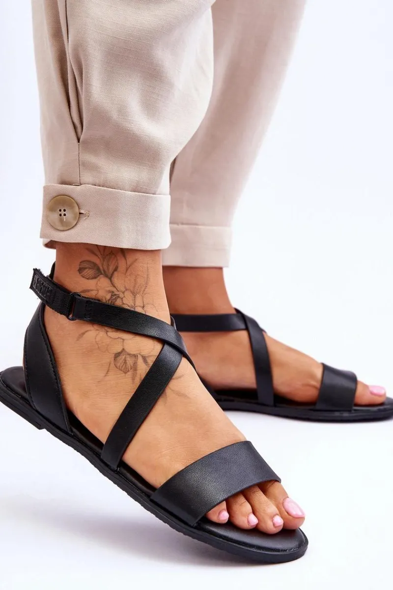 Outlet Skórzane Sandały Za Kostkę Big Star LL274A162 Czarne Damskie Sandały Big Star|Sandały Płaskie