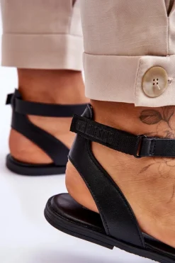 Outlet Skórzane Sandały Za Kostkę Big Star LL274A162 Czarne Damskie Sandały Big Star|Sandały Płaskie