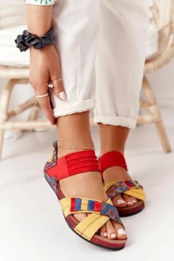 Sandały Płaskie>Maciejka Skórzane Sandały Ze Ściągaczem 03375 Czerwono-Żółte