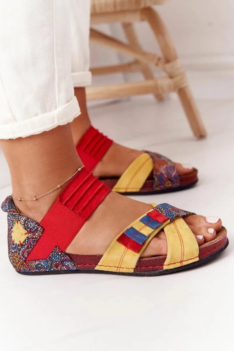 Sandały Płaskie>Maciejka Skórzane Sandały Ze Ściągaczem 03375 Czerwono-Żółte