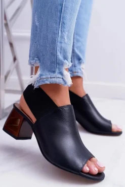 New Laura Messi Skórzane Sandały Ze Ściągaczem 1919 Czarne