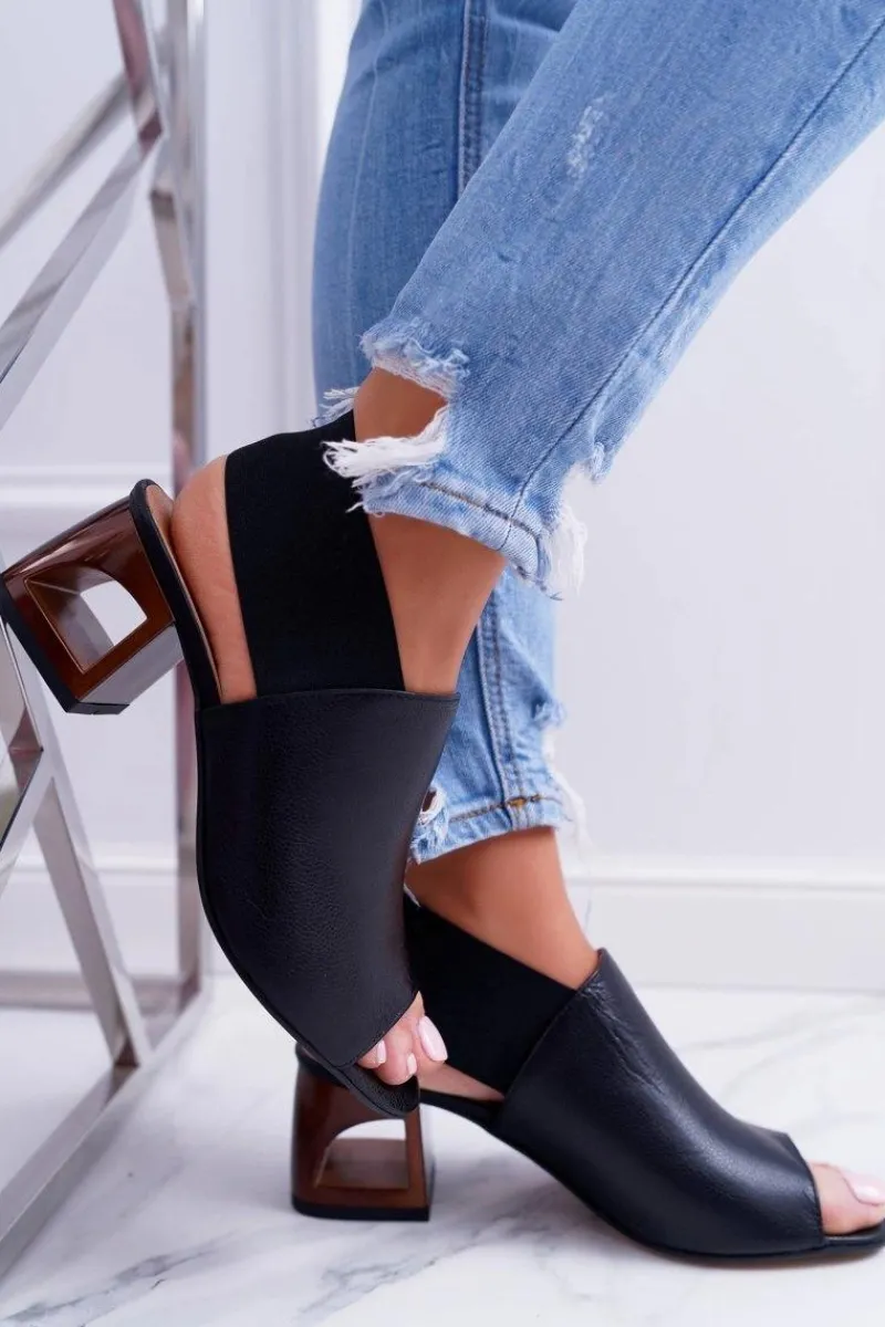 New Laura Messi Skórzane Sandały Ze Ściągaczem 1919 Czarne