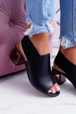 New Laura Messi Skórzane Sandały Ze Ściągaczem 1919 Czarne