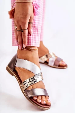 Sandały Płaskie>Evento Skórzane Sandały Ze Ściągaczem Złote Apulia