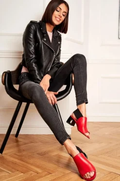 New Skórzane Sandały Ze Ściągaczem 1919 Czerwone Damskie Sandały Na Obcasie