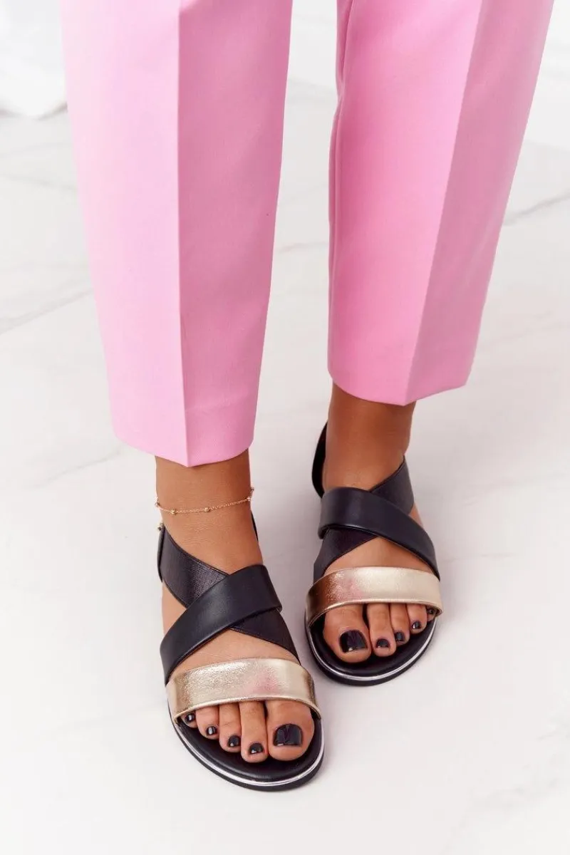 Sandały Płaskie>Evento Skórzane Sandały Ze Ściągaczem Złoto-Czarne Apulia