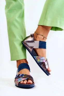 Maciejka Skórzane Sandały Ze Ściągaczem 03375 Niebieskie