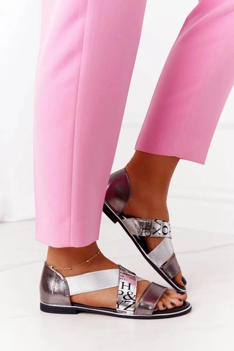 Discount Skórzane Sandały Ze Ściągaczem Srebrne Apulia Damskie Sandały Płaskie