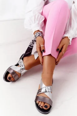 Discount Skórzane Sandały Ze Ściągaczem Srebrne Apulia Damskie Sandały Płaskie