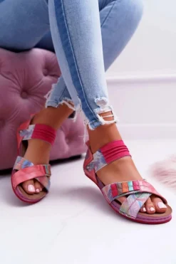 Sandały Płaskie>Maciejka Skórzane Sandały Ze Ściągaczem 03375 Różowe