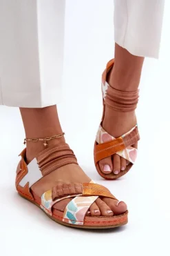 Best Skórzane Sandały Ze Ściągaczem 03375-26 Pomarańczowe Damskie Sandały Płaskie