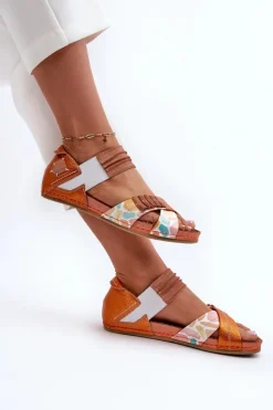 Best Skórzane Sandały Ze Ściągaczem 03375-26 Pomarańczowe Damskie Sandały Płaskie