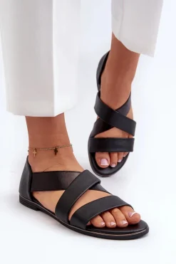 Discount Skórzane Sandały Ze Ściągaczem Czarne Apulia Damskie Sandały Płaskie
