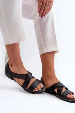 Discount Skórzane Sandały Ze Ściągaczem Czarne Apulia Damskie Sandały Płaskie