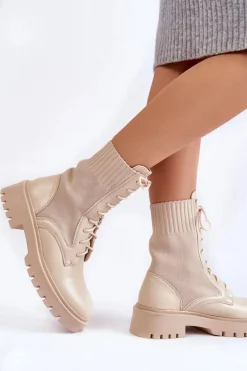 Best Skórzane Skarpetkowe Botki Sznurowane Jasnobeżowe Riston Damskie Botki Wiosenne|Damskie Trapery