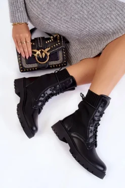Sale Boto Skórzane Skarpetkowe Botki Sznurowane Czarne Riston