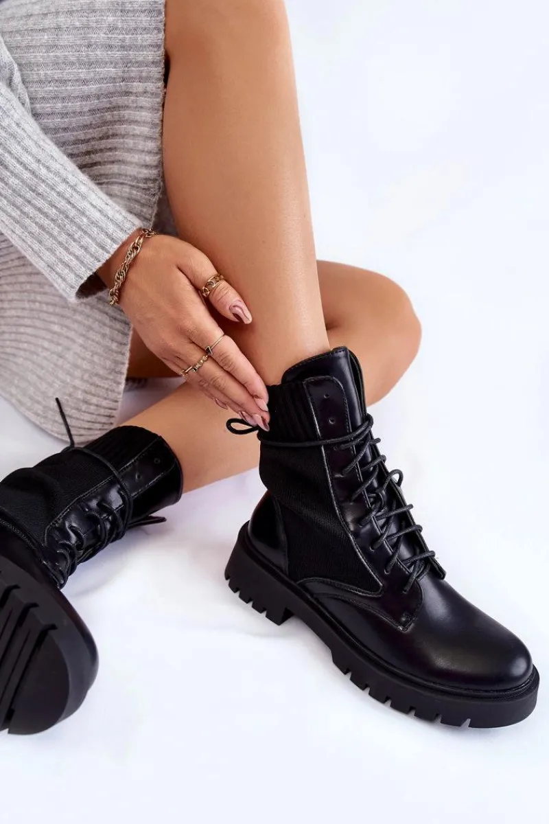 Sale Boto Skórzane Skarpetkowe Botki Sznurowane Czarne Riston
