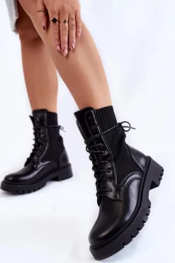 Sale Boto Skórzane Skarpetkowe Botki Sznurowane Czarne Riston