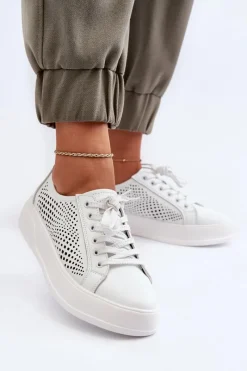 Hot Damskie buty S.Barski Skórzane Sneakersy Damskie Na Platformie Białe S.Barski LR505