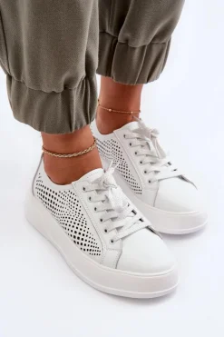 Hot Damskie buty S.Barski Skórzane Sneakersy Damskie Na Platformie Białe S.Barski LR505