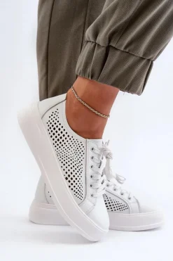 Hot Damskie buty S.Barski Skórzane Sneakersy Damskie Na Platformie Białe S.Barski LR505