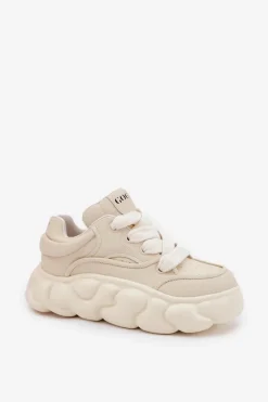 Clearance Skórzane Sneakersy Damskie Na Masywnej Platformie RR2N4043 Beżowe Damskie Sneakersy Damskie