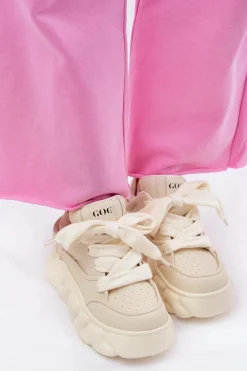 Clearance Skórzane Sneakersy Damskie Na Masywnej Platformie RR2N4043 Beżowe Damskie Sneakersy Damskie