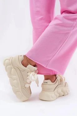 Clearance Skórzane Sneakersy Damskie Na Masywnej Platformie RR2N4043 Beżowe Damskie Sneakersy Damskie