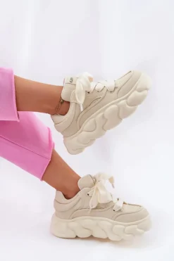 Clearance Skórzane Sneakersy Damskie Na Masywnej Platformie RR2N4043 Beżowe Damskie Sneakersy Damskie