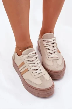 Zazoo Skórzane Sneakersy Damskie Na Platformie N1234 Beżowe Beżowy